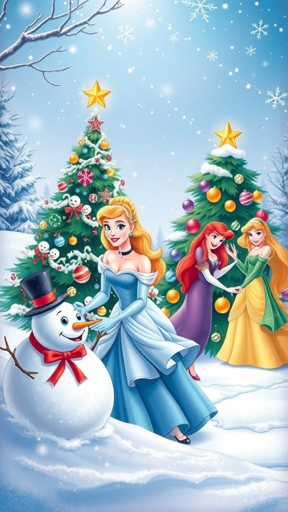 Disney Princess Christmas Wallpaper Disney princesses celebrating Christmas in a snowy scene with decorations and festive elements.